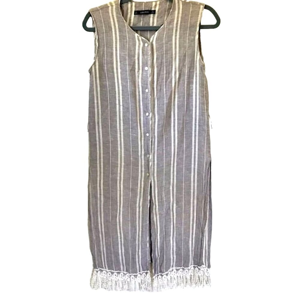 Zara Women's Linen Blend Striped Beachy Button Front Dress‎ w/ Tassels. Size S